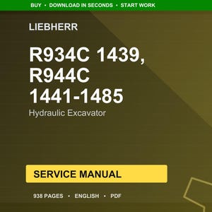 May include: A digital service manual for Liebherr hydraulic excavators. The cover is a gradient of olive green and brown, with the text "LIEBHERR" at the top. The model numbers R934C, R944C, and the range 1441-1485 are displayed prominently.