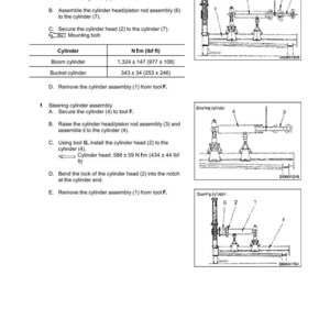K&ouml;nnte beinhalten: Eine technische Zeichnung, die die Demontage und Montage eines Hydraulikzylinders detailliert. Das Dokument enth&auml;lt Anweisungen, Diagramme und Drehmomentangaben in Nm und lbf ft f&uuml;r verschiedene Zylinderkomponenten. Die Seite ist mit "DEMONTAGE UND MONTAGE" beschriftet.