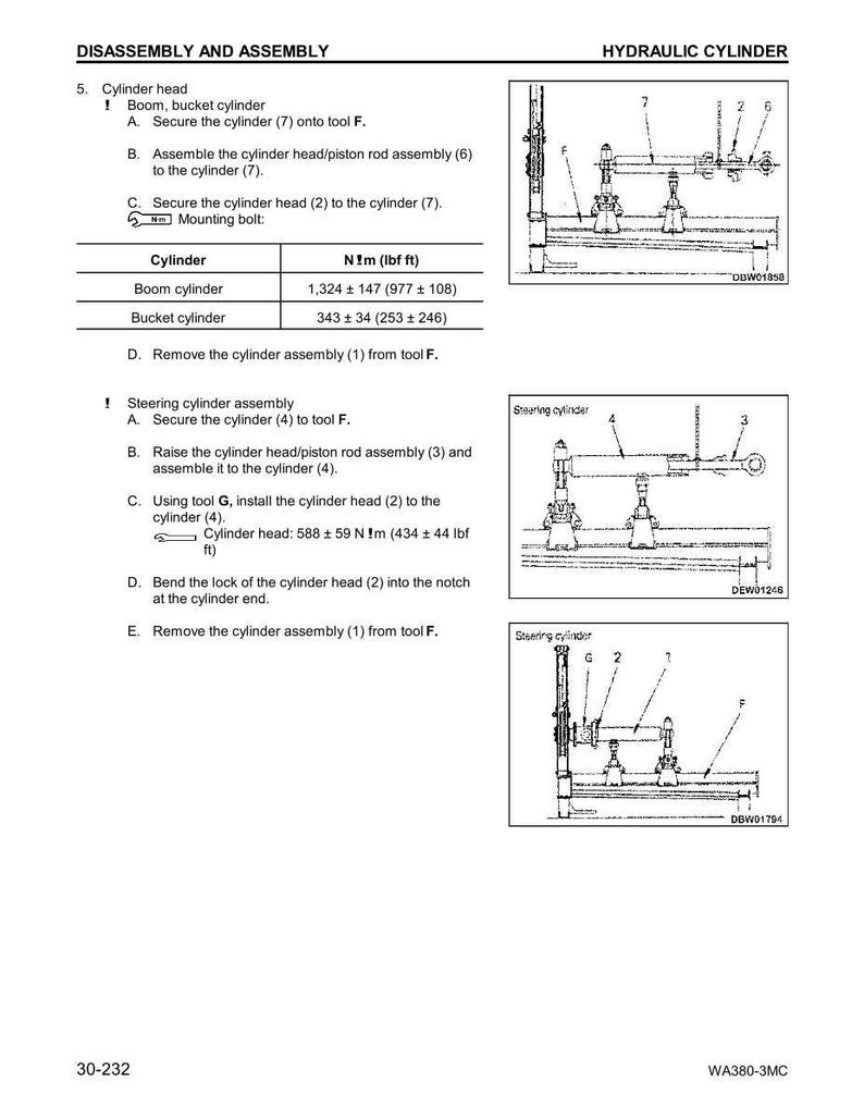 K&ouml;nnte beinhalten: Eine technische Zeichnung, die die Demontage und Montage eines Hydraulikzylinders detailliert. Das Dokument enth&auml;lt Anweisungen, Diagramme und Drehmomentangaben in Nm und lbf ft f&uuml;r verschiedene Zylinderkomponenten. Die Seite ist mit "DEMONTAGE UND MONTAGE" beschriftet.