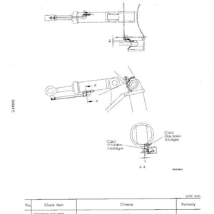 K&ouml;nnte beinhalten: Technische Zeichnung mit dem Titel "BUCKET POSITIONER AND BOOM KICK-OUT" mit detaillierten mechanischen Zeichnungen. Enth&auml;lt Messungen in mm und Drehmomentangaben. Enth&auml;lt eine Tabelle mit Pr&uuml;fpunkten und Kriterien zur Einstellung.