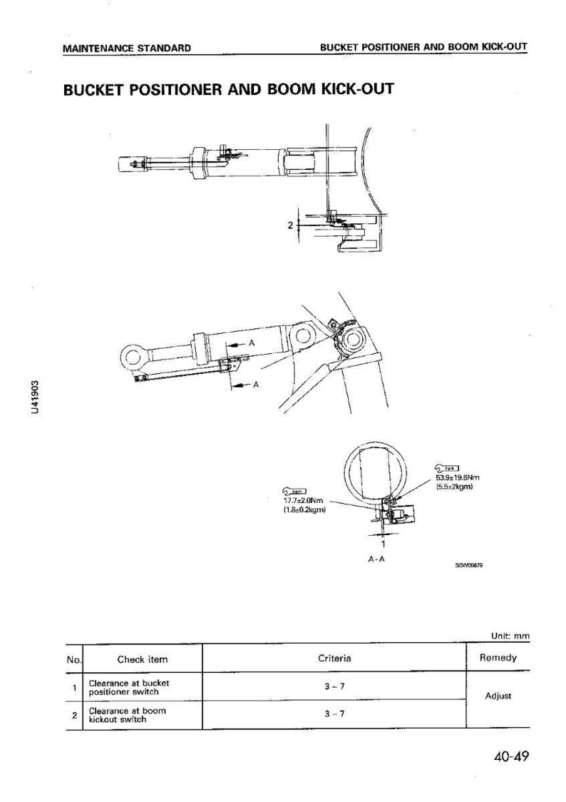 K&ouml;nnte beinhalten: Technische Zeichnung mit dem Titel "BUCKET POSITIONER AND BOOM KICK-OUT" mit detaillierten mechanischen Zeichnungen. Enth&auml;lt Messungen in mm und Drehmomentangaben. Enth&auml;lt eine Tabelle mit Pr&uuml;fpunkten und Kriterien zur Einstellung.