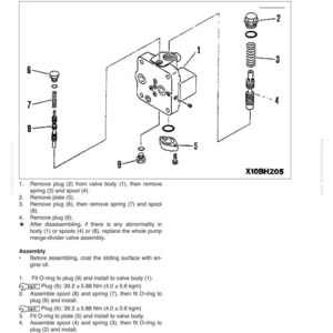 Pode incluir: Diagrama t&eacute;cnico de uma v&aacute;lvula divisora-combinadora de bomba, com componentes numerados e instru&ccedil;&otilde;es de montagem. A imagem inclui um corpo de v&aacute;lvula, tamp&otilde;es, molas e uma placa, com o texto "X10BH205".