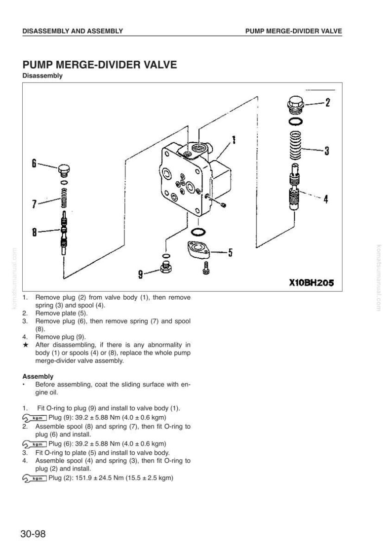 Pode incluir: Diagrama t&eacute;cnico de uma v&aacute;lvula divisora-combinadora de bomba, com componentes numerados e instru&ccedil;&otilde;es de montagem. A imagem inclui um corpo de v&aacute;lvula, tamp&otilde;es, molas e uma placa, com o texto "X10BH205".