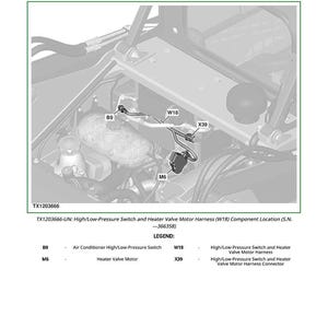 Puede incluir: Diagrama del compartimento del motor de un veh&iacute;culo, destacando la ubicaci&oacute;n del interruptor de alta/baja presi&oacute;n y el arn&eacute;s del motor de la v&aacute;lvula del calentador (W18). Incluye etiquetas para componentes como el interruptor de alta/baja presi&oacute;n del aire acondicionado.
