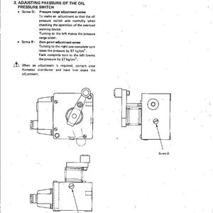 May include: Diagram of an oil pressure switch with adjustment instructions. The diagram includes Screw D and Screw E, with text explaining how to adjust the pressure range and zero point. The text also includes the warning "OVERLOAD WARNING DEVICE".