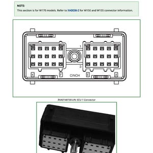 K&ouml;nnte beinhalten: Diagramm eines ECU 1-Steckers, bezeichnet als XA0039-2, mit detaillierten Pin-Layouts und einem zentralen Cinch-Anschluss. Enth&auml;lt einen Hinweis auf W170-Modelle und ein separates Bild des physischen Steckers.