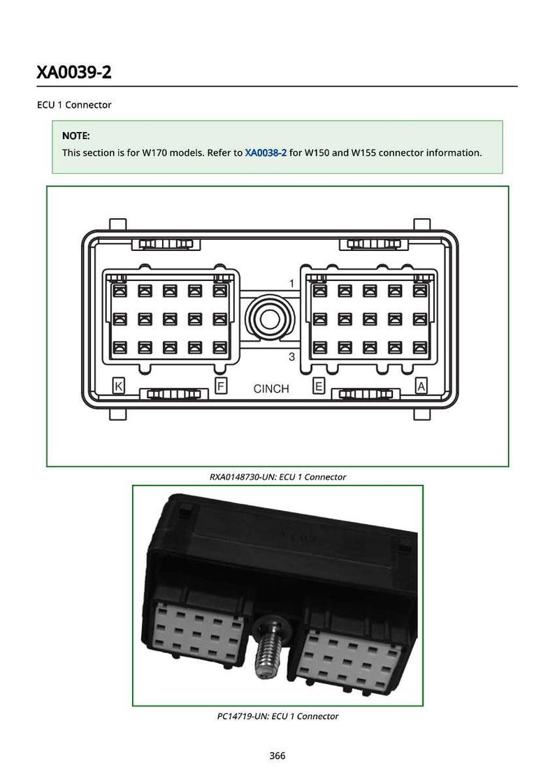 K&ouml;nnte beinhalten: Diagramm eines ECU 1-Steckers, bezeichnet als XA0039-2, mit detaillierten Pin-Layouts und einem zentralen Cinch-Anschluss. Enth&auml;lt einen Hinweis auf W170-Modelle und ein separates Bild des physischen Steckers.