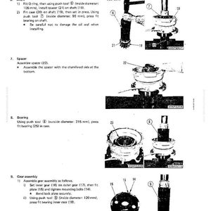 May include: Diagram showing swing machinery disassembly and assembly instructions. Includes illustrations of shaft, spacer, bearing, and gear assembly components with measurements in millimetres.
