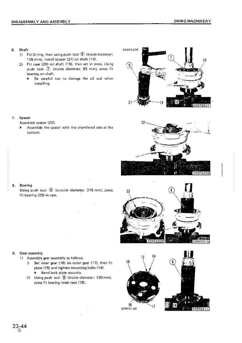 May include: Diagram showing swing machinery disassembly and assembly instructions. Includes illustrations of shaft, spacer, bearing, and gear assembly components with measurements in millimetres.