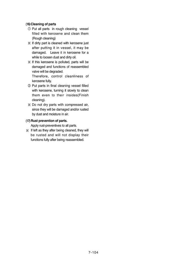 Puede incluir: Una p&aacute;gina de manual que detalla la limpieza y prevenci&oacute;n de la oxidaci&oacute;n de piezas. El texto incluye instrucciones sobre el uso de queroseno y la aplicaci&oacute;n de protectores contra la oxidaci&oacute;n. El n&uacute;mero de p&aacute;gina es 7-104.
