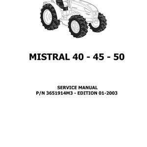 Puede incluir: Dibujo lineal de un tractor con el texto "MISTRAL 40 - 45 - 50" encima de las palabras "SERVICE MANUAL". Debajo est&aacute; el logotipo de Landini y el texto "P/N 3651914M3 - EDITION 01-2003".