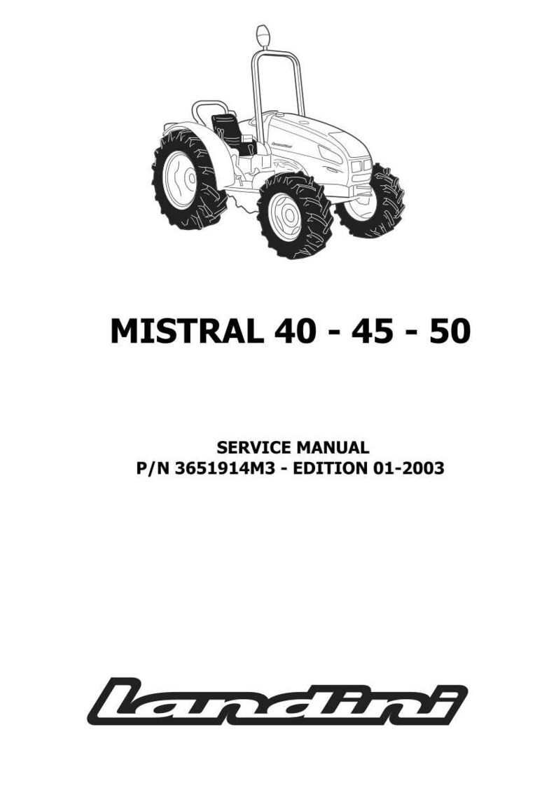 Puede incluir: Dibujo lineal de un tractor con el texto "MISTRAL 40 - 45 - 50" encima de las palabras "SERVICE MANUAL". Debajo est&aacute; el logotipo de Landini y el texto "P/N 3651914M3 - EDITION 01-2003".