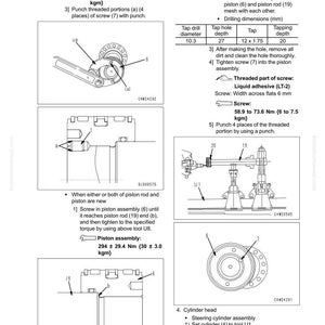 May include: Diagram of a hydraulic system disassembly process, including instructions for screws, piston assembly, and cylinder head. Measurements are in Nm and kgm.