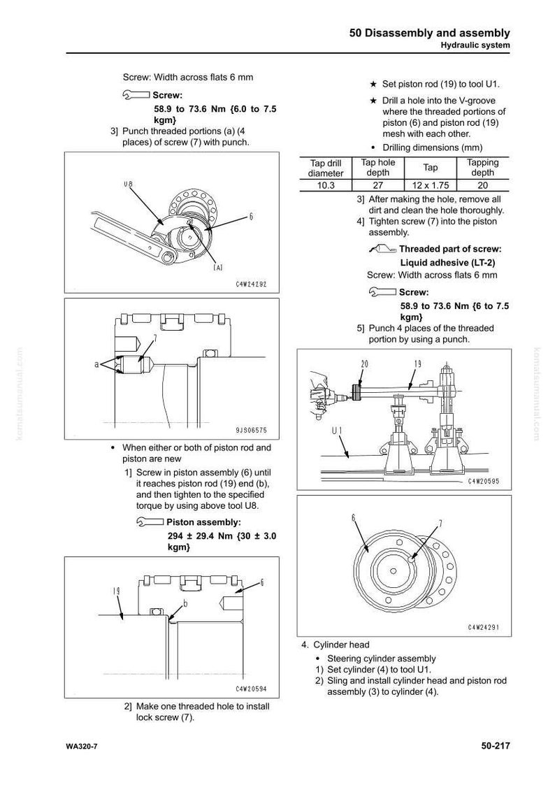 May include: Diagram of a hydraulic system disassembly process, including instructions for screws, piston assembly, and cylinder head. Measurements are in Nm and kgm.