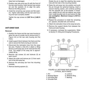 May include: A technical diagram with instructions for installing and removing an anti-sway bar. The image includes detailed illustrations of the assembly, with numbered parts and torque specifications in ft lbs. Text includes installation and removal steps.