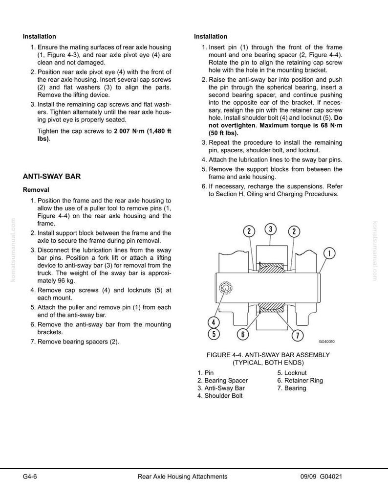 May include: A technical diagram with instructions for installing and removing an anti-sway bar. The image includes detailed illustrations of the assembly, with numbered parts and torque specifications in ft lbs. Text includes installation and removal steps.
