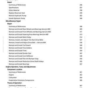K&ouml;nnte beinhalten: Eine Manuellseite mit Inhaltsverzeichnis. Der Text enth&auml;lt Reparaturanweisungen f&uuml;r Bremsen, Hydraulik und Motorkomponenten. Seitenzahlen sind neben jedem Abschnitt aufgef&uuml;hrt.