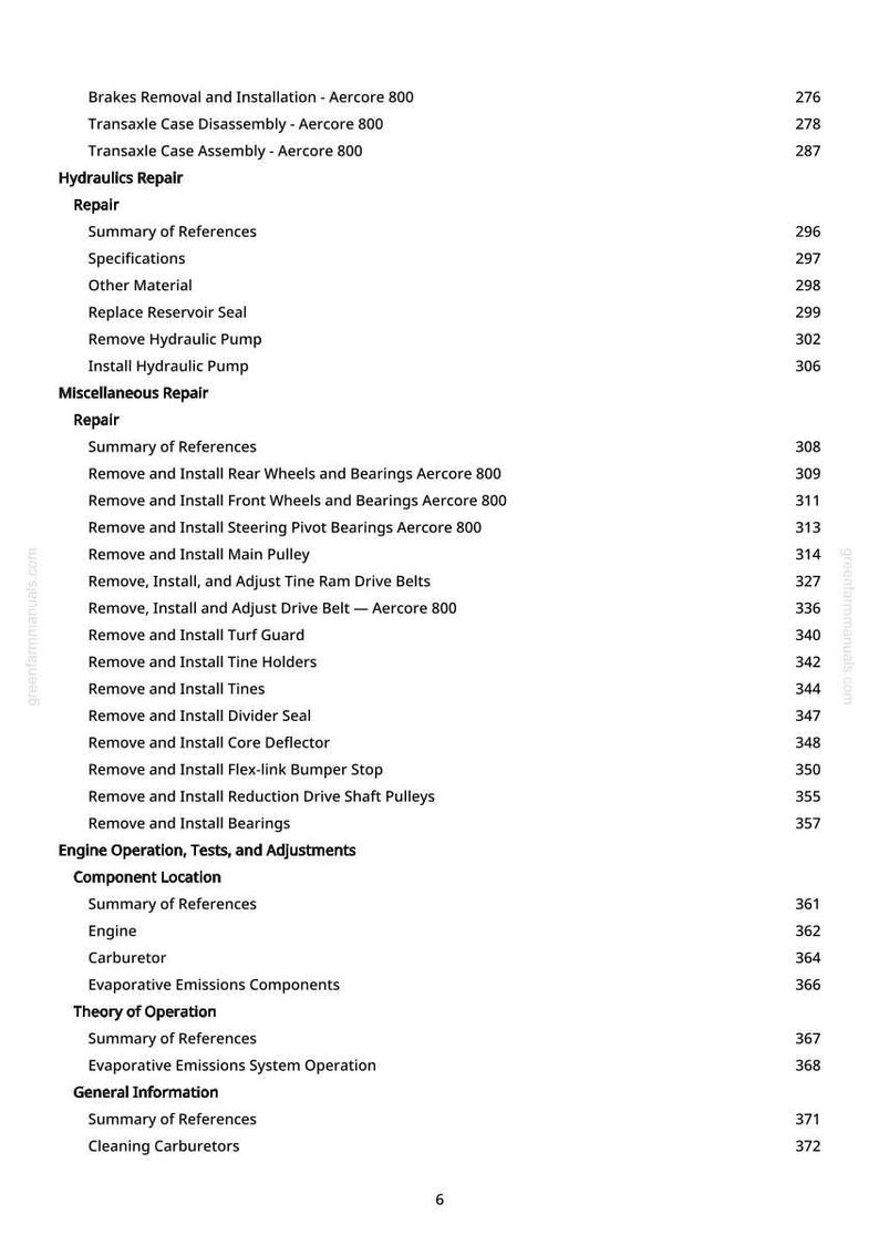 K&ouml;nnte beinhalten: Eine Manuellseite mit Inhaltsverzeichnis. Der Text enth&auml;lt Reparaturanweisungen f&uuml;r Bremsen, Hydraulik und Motorkomponenten. Seitenzahlen sind neben jedem Abschnitt aufgef&uuml;hrt.