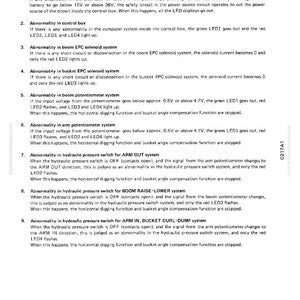 May include: A technical document titled "ABNORMALITY JUDGEMENT CONDITIONS FOR SELF-TESTING DISPLAY." The document lists various system malfunctions, including power source issues, control box problems, and potentiometer failures. The text is in black font on a white background.