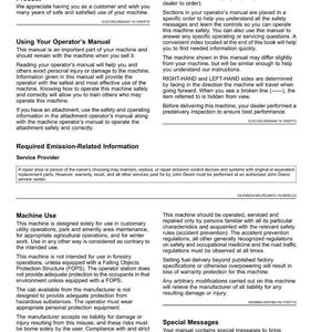Pu&ograve; includere: Un manuale stampato intitolato "Introduzione" di John Deere. Il manuale fornisce informazioni sul funzionamento, la sicurezza e la manutenzione della macchina. Include sezioni sui manuali dell'operatore, informazioni relative alle emissioni e uso della macchina.