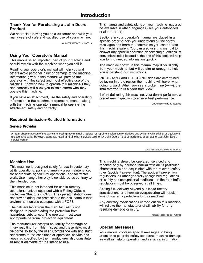 Pu&ograve; includere: Un manuale stampato intitolato "Introduzione" di John Deere. Il manuale fornisce informazioni sul funzionamento, la sicurezza e la manutenzione della macchina. Include sezioni sui manuali dell'operatore, informazioni relative alle emissioni e uso della macchina.
