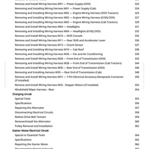May include: A detailed list of tractor wiring harness procedures, including removal and installation instructions for various components like headlights, shift consoles, and engine wiring. The document also covers charging circuits and starter motor electrical circuits.