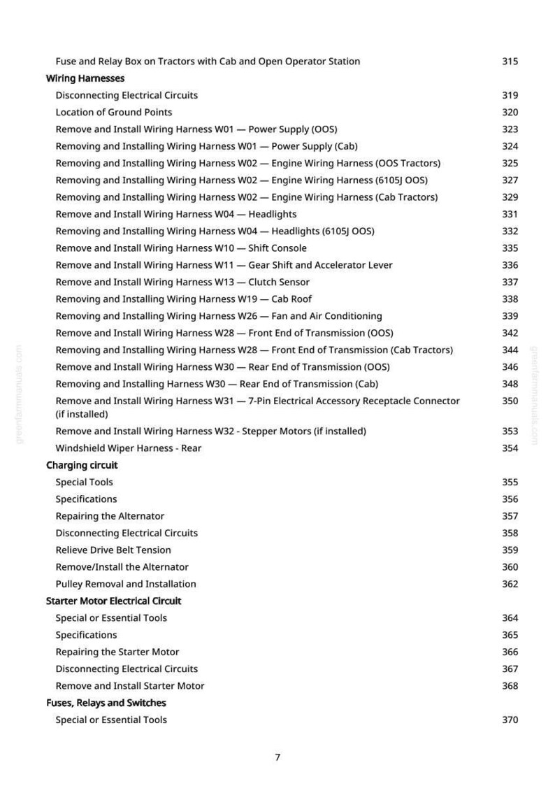 May include: A detailed list of tractor wiring harness procedures, including removal and installation instructions for various components like headlights, shift consoles, and engine wiring. The document also covers charging circuits and starter motor electrical circuits.