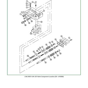 May include: An exploded diagram of an SCV valve component location, with the text "SCV Valve Component Location (SN-810000)". The diagram shows various mechanical parts, including bolts, springs, and valve components, labeled with numbers.