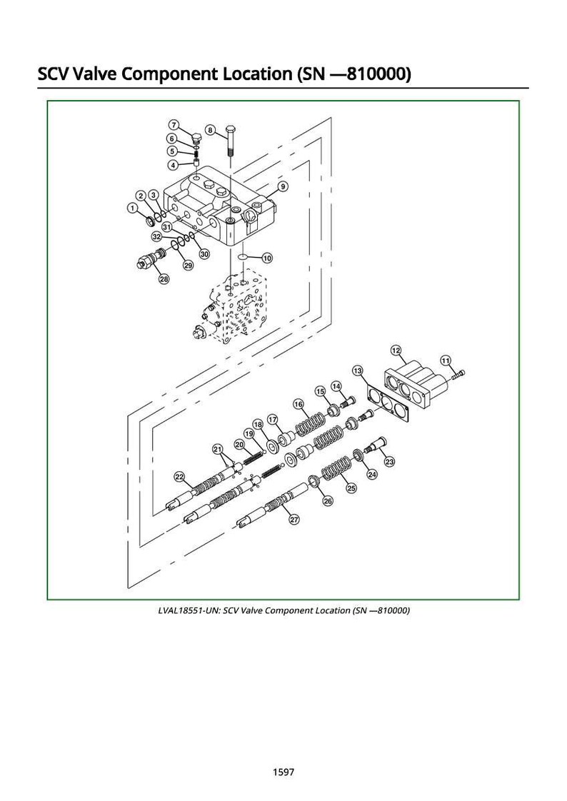 May include: An exploded diagram of an SCV valve component location, with the text "SCV Valve Component Location (SN-810000)". The diagram shows various mechanical parts, including bolts, springs, and valve components, labeled with numbers.