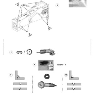 May include: Diagram of welding and grinding tools and techniques. Includes a grinder, welding diagrams, and specifications. Measurements are provided in inches and millimeters. The image also includes the Komatsu logo and model information.