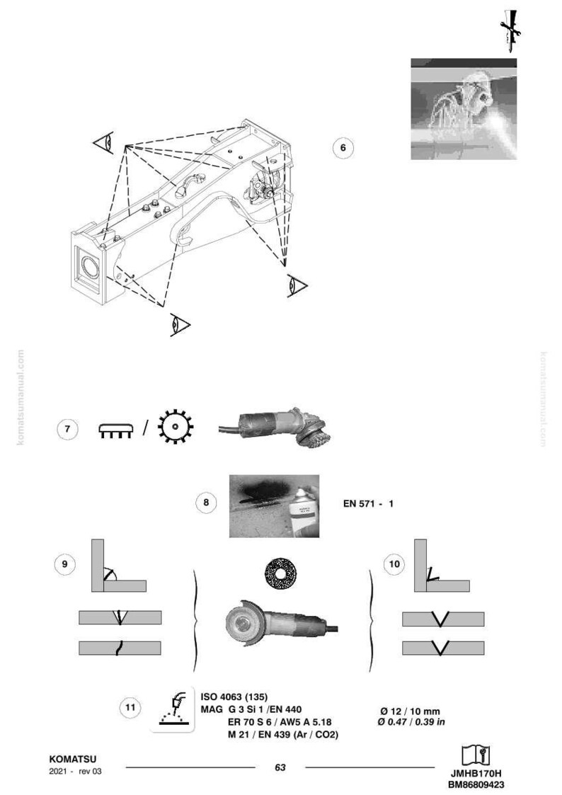 May include: Diagram of welding and grinding tools and techniques. Includes a grinder, welding diagrams, and specifications. Measurements are provided in inches and millimeters. The image also includes the Komatsu logo and model information.