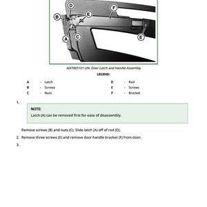 Op de afbeelding: Diagram van een deurslot met labels voor grendel, schroeven, moeren, stang en beugel. De afbeelding bevat tekstinstructies voor demontage en reparatie, met afmetingen in cm.