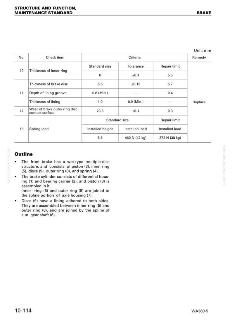 May include: A technical diagram detailing brake specifications, including measurements in millimeters for components like the inner ring, brake disc, and lining. The document also outlines the brake's structure and function.