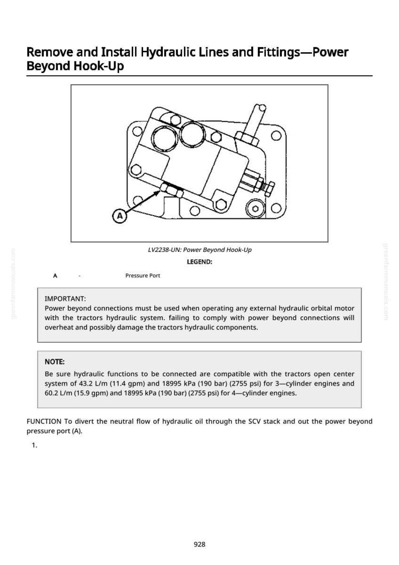 May include: Diagram illustrating the removal and installation of hydraulic lines and fittings, labeled "Power Beyond Hook-Up." Includes a detailed schematic of hydraulic components, with text indicating pressure port and important notes about hydraulic system compatibility.