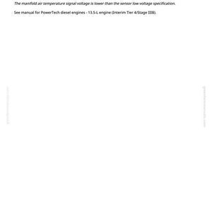 May include: A white page with the text "ECU 000105.04 - Manifold Temperature Signal Out of Range Low". The text below states the manifold air temperature signal voltage is lower than the sensor low voltage specification.