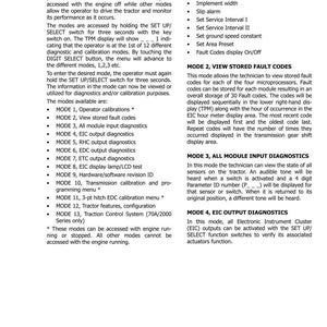 Pode incluir: Uma p&aacute;gina de um manual de servi&ccedil;o de trator detalhando os modos de diagn&oacute;stico. O manual lista v&aacute;rios modos para calibra&ccedil;&atilde;o, visualiza&ccedil;&atilde;o de c&oacute;digos de falha e diagn&oacute;sticos de entrada/sa&iacute;da. Inclui informa&ccedil;&otilde;es sobre calibra&ccedil;&otilde;es do operador, c&oacute;digos de falha armazenados.