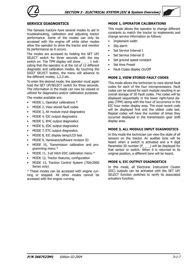 Pode incluir: Uma p&aacute;gina de um manual de servi&ccedil;o de trator detalhando os modos de diagn&oacute;stico. O manual lista v&aacute;rios modos para calibra&ccedil;&atilde;o, visualiza&ccedil;&atilde;o de c&oacute;digos de falha e diagn&oacute;sticos de entrada/sa&iacute;da. Inclui informa&ccedil;&otilde;es sobre calibra&ccedil;&otilde;es do operador, c&oacute;digos de falha armazenados.
