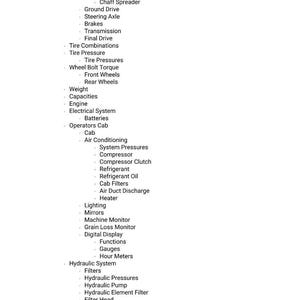 Puede incluir: Una lista de componentes y sistemas de maquinaria agr&iacute;cola, incluyendo el sistema de eliminaci&oacute;n de residuos de cultivos, la transmisi&oacute;n por tierra y el sistema hidr&aacute;ulico. El texto es negro sobre fondo blanco.
