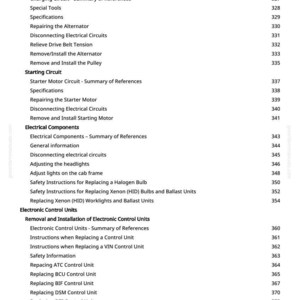 May include: A page from a manual with a table of contents. The text includes sections on charging circuits, starting circuits, electrical components, and electronic control units. Page numbers are listed on the right side.