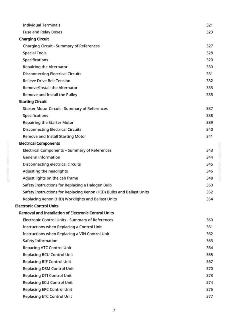 May include: A page from a manual with a table of contents. The text includes sections on charging circuits, starting circuits, electrical components, and electronic control units. Page numbers are listed on the right side.