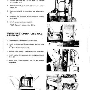 May include: A technical manual page with instructions for disassembling and assembling an operator's cab. The page includes diagrams and numbered steps for removing and installing components. The cab assembly weighs 235 kg.