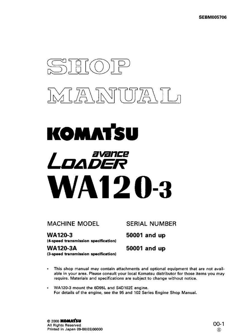 May include: A white shop manual for a Komatsu WA120-3 loader. The cover features the Komatsu logo, the word "Loader", and the model number WA120-3 in bold, black text. The manual includes specifications for the WA120-3 and WA120-3A models.