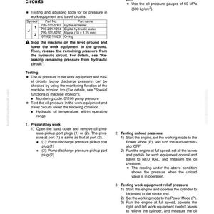 K&ouml;nnte beinhalten: Eine Seite aus einem Handbuch mit dem Titel "Hydrauliksystem" mit Anweisungen zum Testen und Einstellen des &Ouml;ldrucks in Arbeitsger&auml;ten und Fahrkreisen. Enth&auml;lt Diagramme, Teilenummern und Sicherheitshinweise.