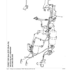 May include: Detailed technical diagram of an air compressor system, featuring intricate piping and components. The image includes text indicating it's for a FENDT 300 Vario SCR, with the text "Check the air compressor".