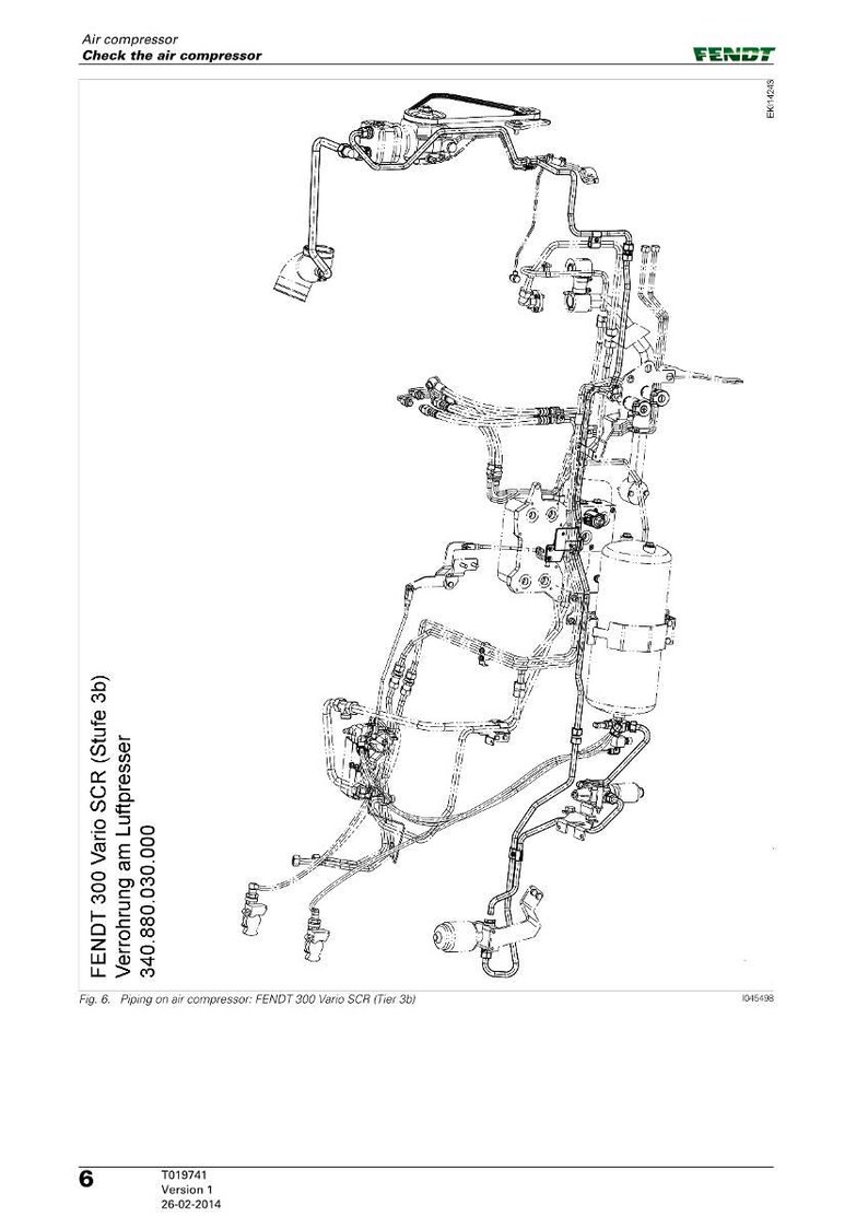 May include: Detailed technical diagram of an air compressor system, featuring intricate piping and components. The image includes text indicating it's for a FENDT 300 Vario SCR, with the text "Check the air compressor".