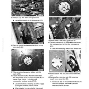 May include: Black and white engine disassembly and assembly diagram. The image shows various engine components, including caps, nuts, washers, and tools. Text labels and arrows indicate the steps for removing and installing parts.