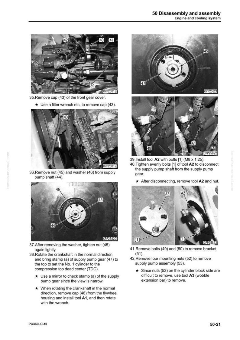 May include: Black and white engine disassembly and assembly diagram. The image shows various engine components, including caps, nuts, washers, and tools. Text labels and arrows indicate the steps for removing and installing parts.