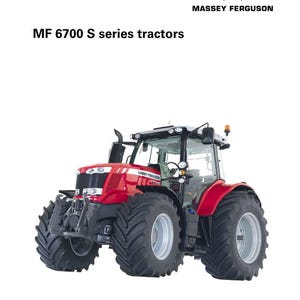 K&ouml;nnte beinhalten: Ein roter Massey Ferguson MF 6700 S Traktor mit gro&szlig;en schwarzen Reifen und einer Glaskabine. Der Traktor hat das Massey Ferguson Logo und den Text "Workshop Service Manual". Das Bild ist vor wei&szlig;em Hintergrund.