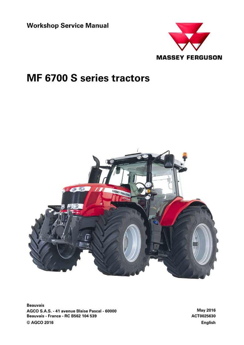 K&ouml;nnte beinhalten: Ein roter Massey Ferguson MF 6700 S Traktor mit gro&szlig;en schwarzen Reifen und einer Glaskabine. Der Traktor hat das Massey Ferguson Logo und den Text "Workshop Service Manual". Das Bild ist vor wei&szlig;em Hintergrund.