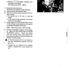 May include: A technical diagram with instructions for measuring compression pressure, including steps for adjusting valve clearance and connecting a compression gauge. The image includes a diagram of an engine component.